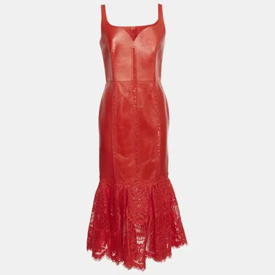 Pre-owned Alexander Mcqueen Red Leather And Lace Peplum Midi Dress M
