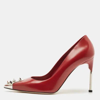 Pre-owned Alexander Mcqueen Red Leather Spike Pointed Toe Pumps Size 38 In Burgundy
