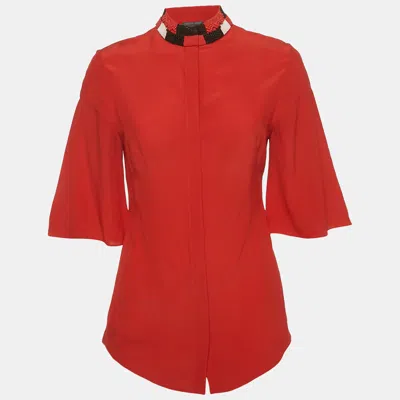 Pre-owned Alexander Mcqueen Red Silk Beaded High Neck Top S