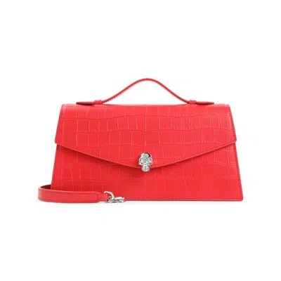 Alexander Mcqueen Skull Embellished Croc-effect Leather Clutch In Red