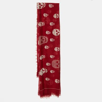 Pre-owned Alexander Mcqueen Red Skull Printed Modal & Silk Scarf
