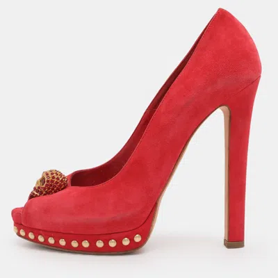Pre-owned Alexander Mcqueen Red Suede Skull Peep Toe Pumps Size 39