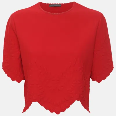 Pre-owned Alexander Mcqueen Red Textured Stretch Knit Scallop Hem Top M