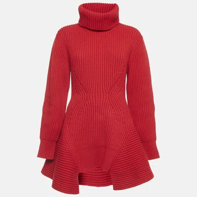 Pre-owned Alexander Mcqueen Red Wool Rib Knit Asymmetric Turtle Neck Sweater S
