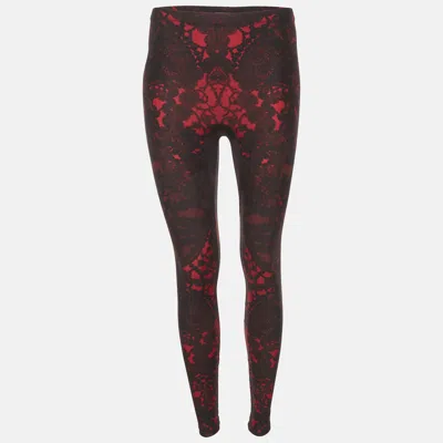 Pre-owned Alexander Mcqueen Red/black Victorian Lace Print Knit Leggings S