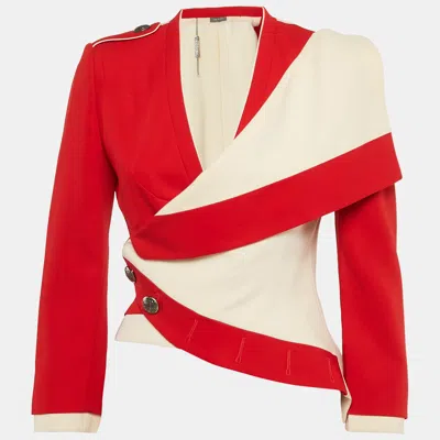Pre-owned Alexander Mcqueen Red/cream Wool Blend Asymmetric Jacket M