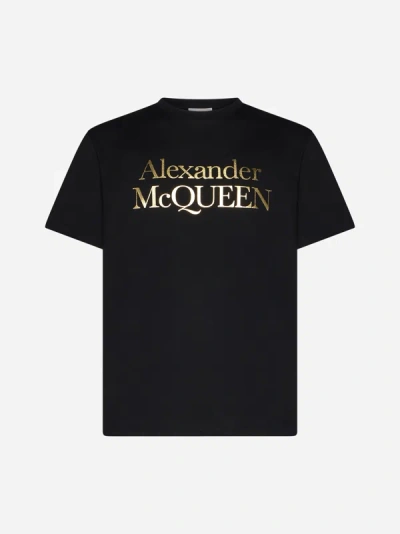 Alexander Mcqueen Reverse Logo Cotton T-shirt In Black,gold