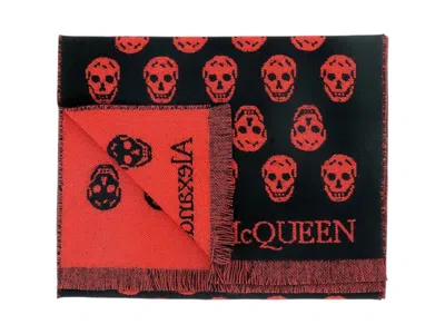 Pre-owned Alexander Mcqueen Reversible Allover Skullprint Scarf In Black/red In Multi