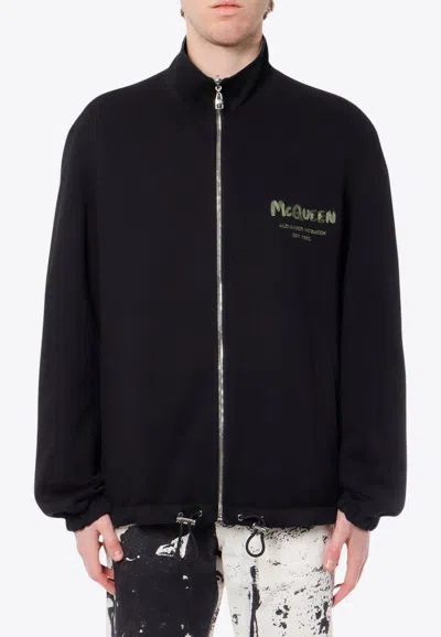 Alexander Mcqueen Reversible Graffiti Zip-up Jacket In Black