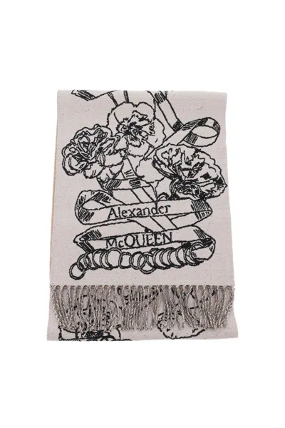 ALEXANDER MCQUEEN REVERSIBLE WOOL SCARF WITH ICONIC DESIGN AND FLORAL MOTIF