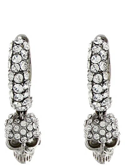 Alexander Mcqueen Rhinestone-embellished Skull Pendant Earrings In Silver