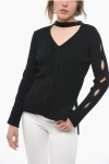 ALEXANDER MCQUEEN RIBBED WOOL BLEND SWEATER WITH TIE NECK DETAIL