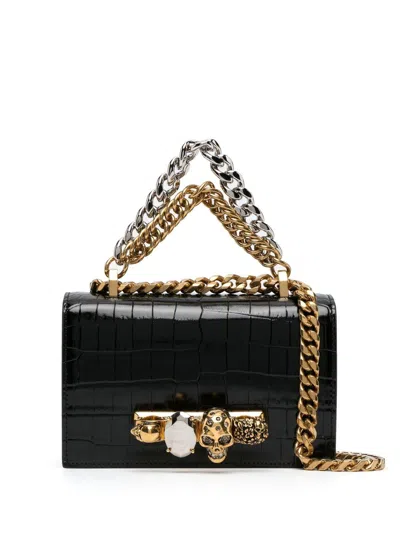 Alexander Mcqueen Ring-hardware Crocodile-effect Shoulder Bag In Black