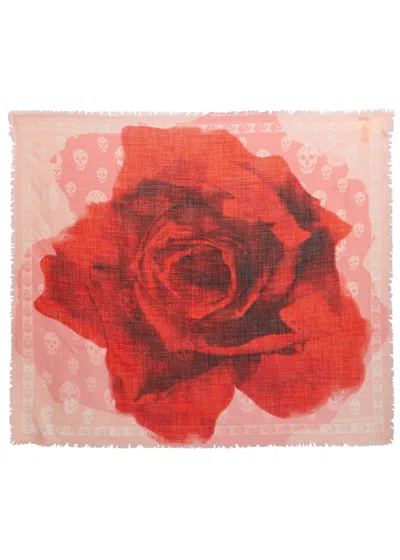 Alexander Mcqueen Rose And Skull-print Wool Scarf In Red