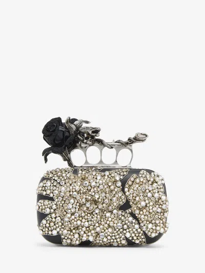 Alexander Mcqueen Rose & Snake Knuckle Clutch In Black/crystal