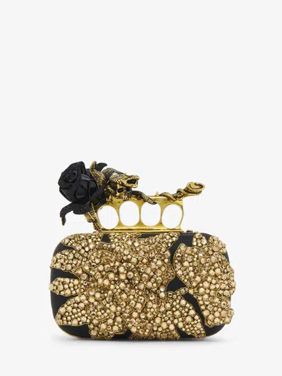 Alexander Mcqueen Rose & Snake Knuckle Clutch In Black/gold