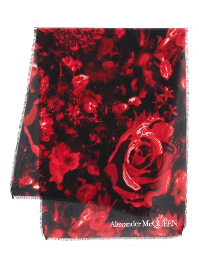 Alexander Mcqueen Rose-print Scarf In Black
