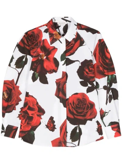 Alexander Mcqueen Roses-print Cotton Shirt In White