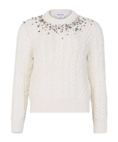 Alexander Mcqueen Round Neck Sweater With Crystal Embroidery In White