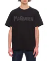 Alexander Mcqueen Black T-shirt With Glitter Logo Print In Cotton Man In Black