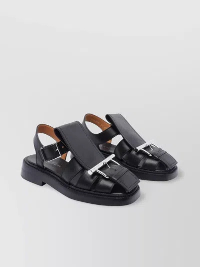 Alexander Mcqueen Round Toe Leather Sandals With Buckle Detail In Black