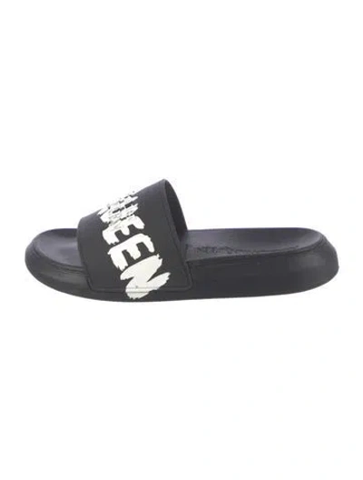 Pre-owned Alexander Mcqueen Rubber Graphic Print Slides In Black