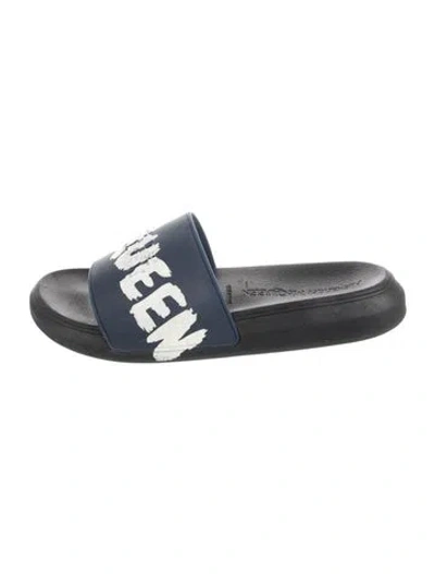 Pre-owned Alexander Mcqueen Rubber Graphic Print Slides In Blue