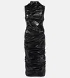 Alexander Mcqueen Ruched Pu-coated Crepe Midi Dress In Black
