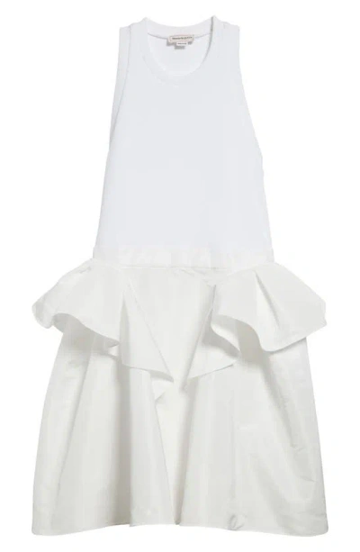 Alexander Mcqueen Ruffle Skirt Mixed Media Minidress In Opticalwhite