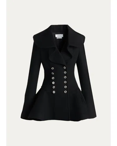 Alexander Mcqueen Ruffle Wool Fitted Double-breasted Coat In Black