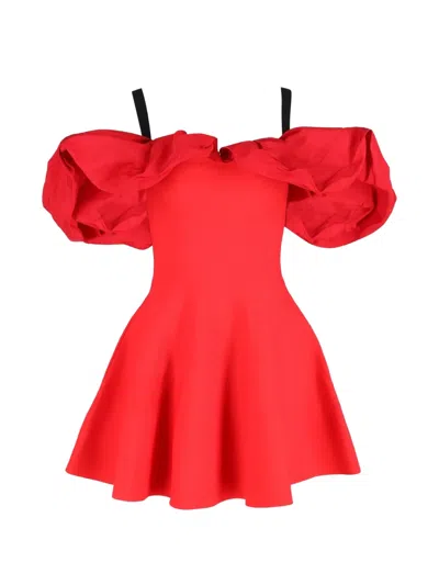 Pre-owned Alexander Mcqueen Ruffled Cold-shoulder Mini Dress In Red