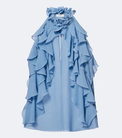 Alexander Mcqueen Ruffled Cutout Silk Georgette Top In Blue