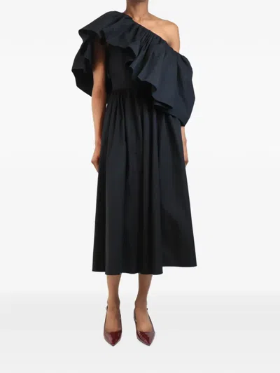 Pre-owned Alexander Mcqueen Ruffled One-shoulder Midi Dress In Black