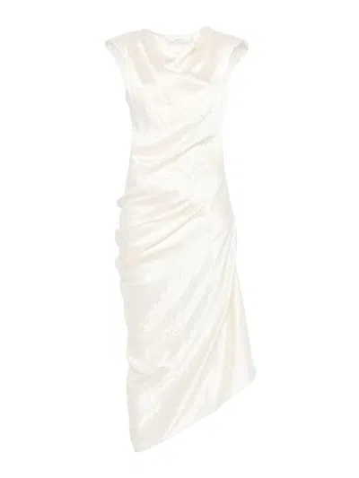 Alexander Mcqueen Satin Asymmetric Draped Midi Dress In Gray