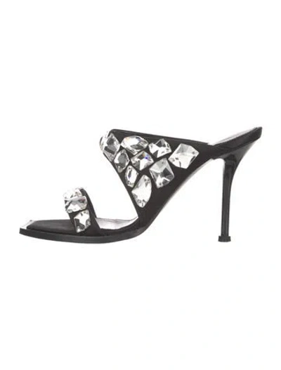 Pre-owned Alexander Mcqueen Satin Crystal Embellishments Slides In Black