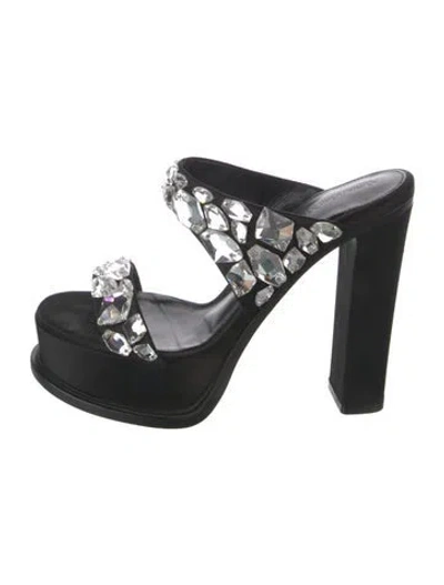 Pre-owned Alexander Mcqueen Satin Crystal Embellishments Slides In Black