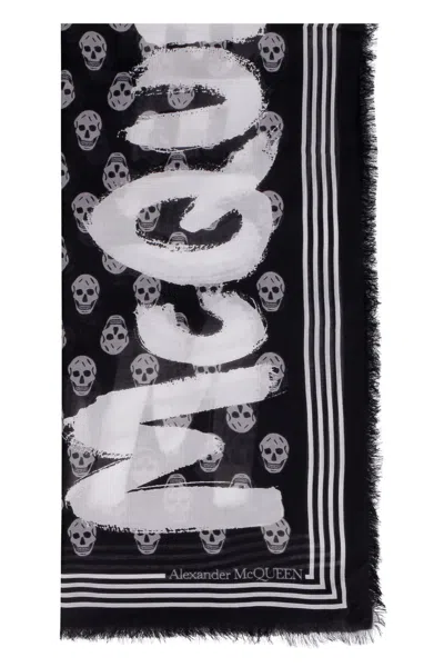 Alexander Mcqueen Scarf With All-over Skull Print And Graffiti Logo In Black