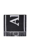 Alexander Mcqueen Black And White Scarf With Varsity Logo In Wool Man In Black