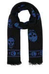 Alexander Mcqueen Skull Print Frayed Scarf In Blue