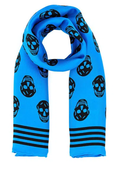 Alexander Mcqueen Blue Printed Satin Foulard Scarf