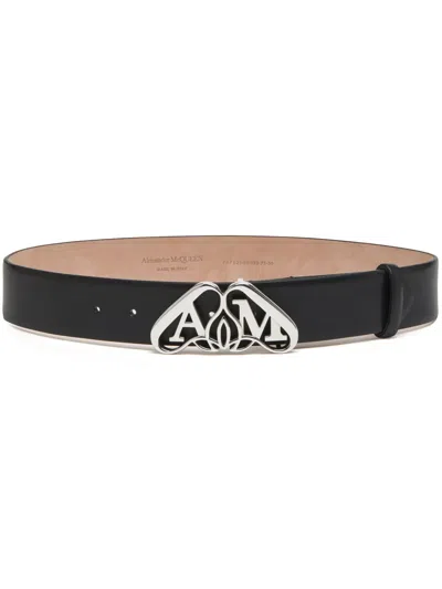 Alexander Mcqueen Leather Seal Belt Adjustable Length In Black