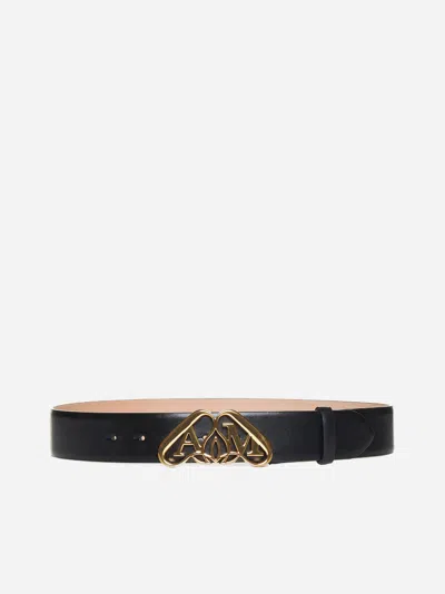 Alexander Mcqueen Seal-buckle Leather Belt In Black Gold