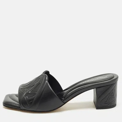 Pre-owned Alexander Mcqueen Seal Size 36.5 Black Leather Block Heel Slide Sandals