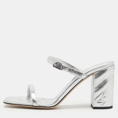 Pre-owned Alexander Mcqueen Seal Size 41 Metallic Silver Leather Block Heel Slide Sandals