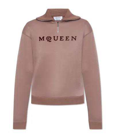 Alexander Mcqueen Logo Embroidered Half-zip Sweatshirt In Pink