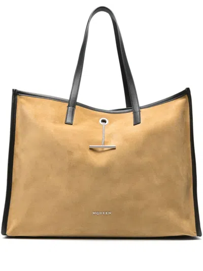 Alexander Mcqueen Sesame Beige Suede Tote With T-bar Fastening