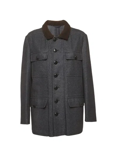 Pre-owned Alexander Mcqueen Shearling-collar Single-breasted Coat In Gray