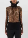 Alexander Mcqueen Sheer Lace High Neck Long Sleeve Top In Brown