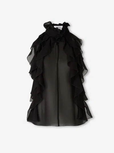 Alexander Mcqueen Cut-out Top In Silk Georgette With Ruffles Tops Black