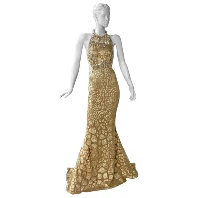 Pre-owned Alexander Mcqueen Shimmering  Gold Jeweled Evening Dress Gown In Brown